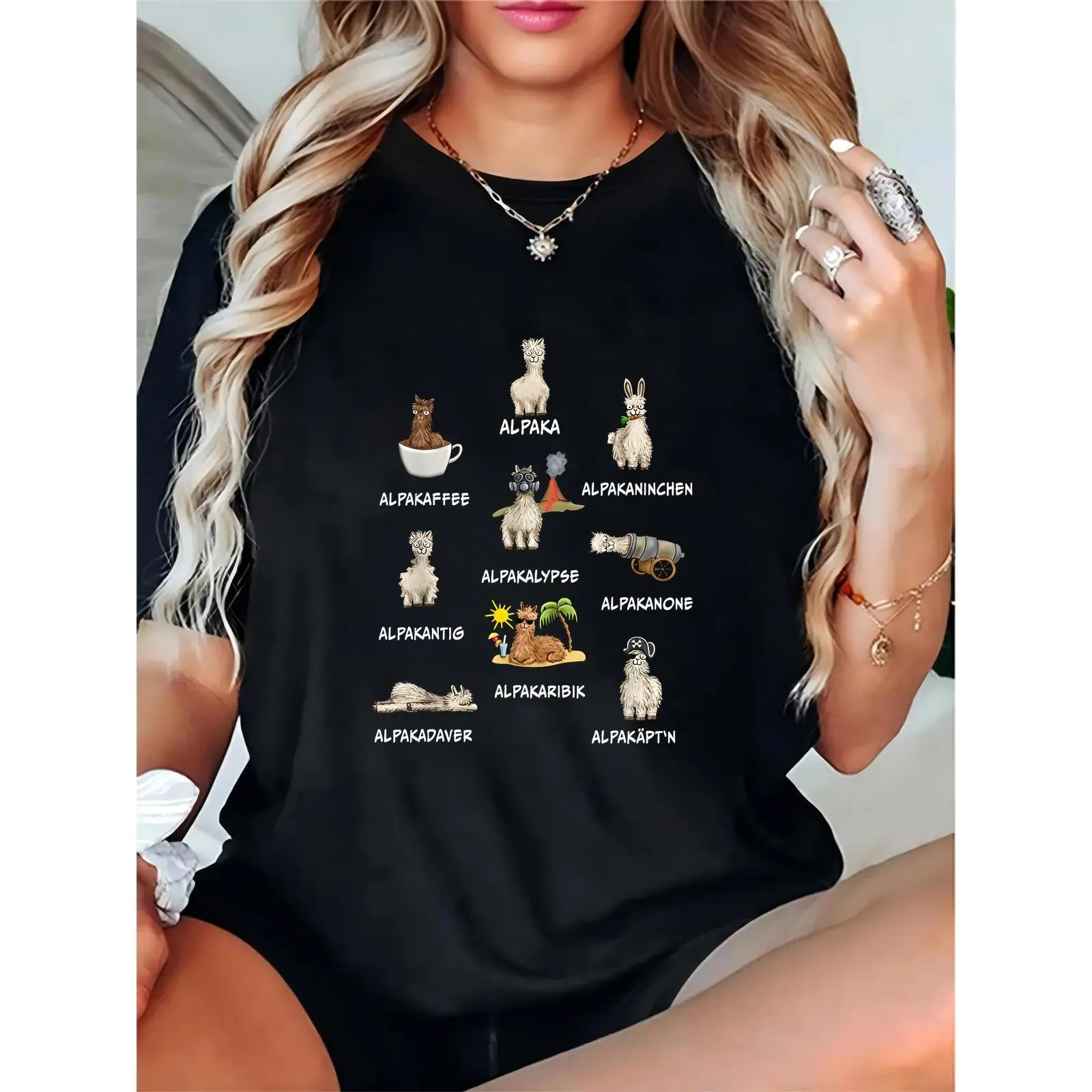 Women’s Funny Alpaca Graphic T-Shirt, Cute Alpaca Designs (Alpakakaffee, Alpakalypse & More) Casual Short Sleeve Tee for Daily Wear, Party, Alpaca Enthusiasts 100% Cotton T-shirt