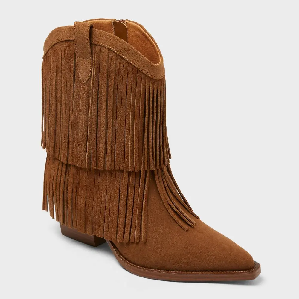 Women’s Austin Fringe Western Ankle Boots - Memory Foam Insole, Universal Fit, Cowboy Aesthetic Footwear, 100% Polyester Shoe, Comfortable Walking Shoes