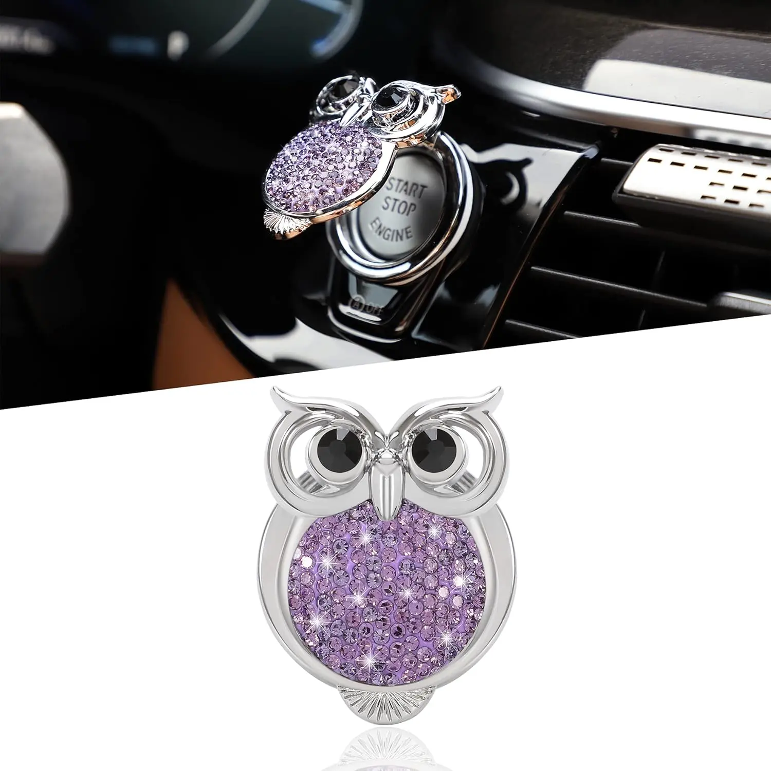 Bling Car Engine Start Button Cover Owl Diamond Crystal Push Start Stop Button Ring Sparkly Bling Ignition Button Cover Rhinestone Keyless Ignition Ring Cap Universal Car Accessories (Purple)