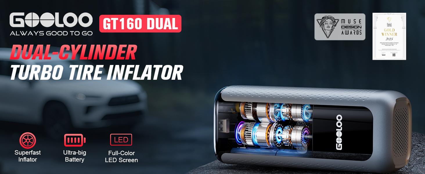 GOOLOO GT160 DUAL Tire Inflator Portable Air Compressor, 4X Faster Dual Cylinder & Upgraded Color LED Screen Portable Air Pump for Car Tires, Auto Shut-off Electric Bike Tire Pump with Pressure Gauge GOOLOO GT160 DUAL Tire Inflator Portable Air Compressor, 4X Faster Dual Cylinder & Upgraded Color LED Screen Portable Air Pump for Car Tires, Auto Shut-off Electric Bike Tire Pump with Pressure Gauge
