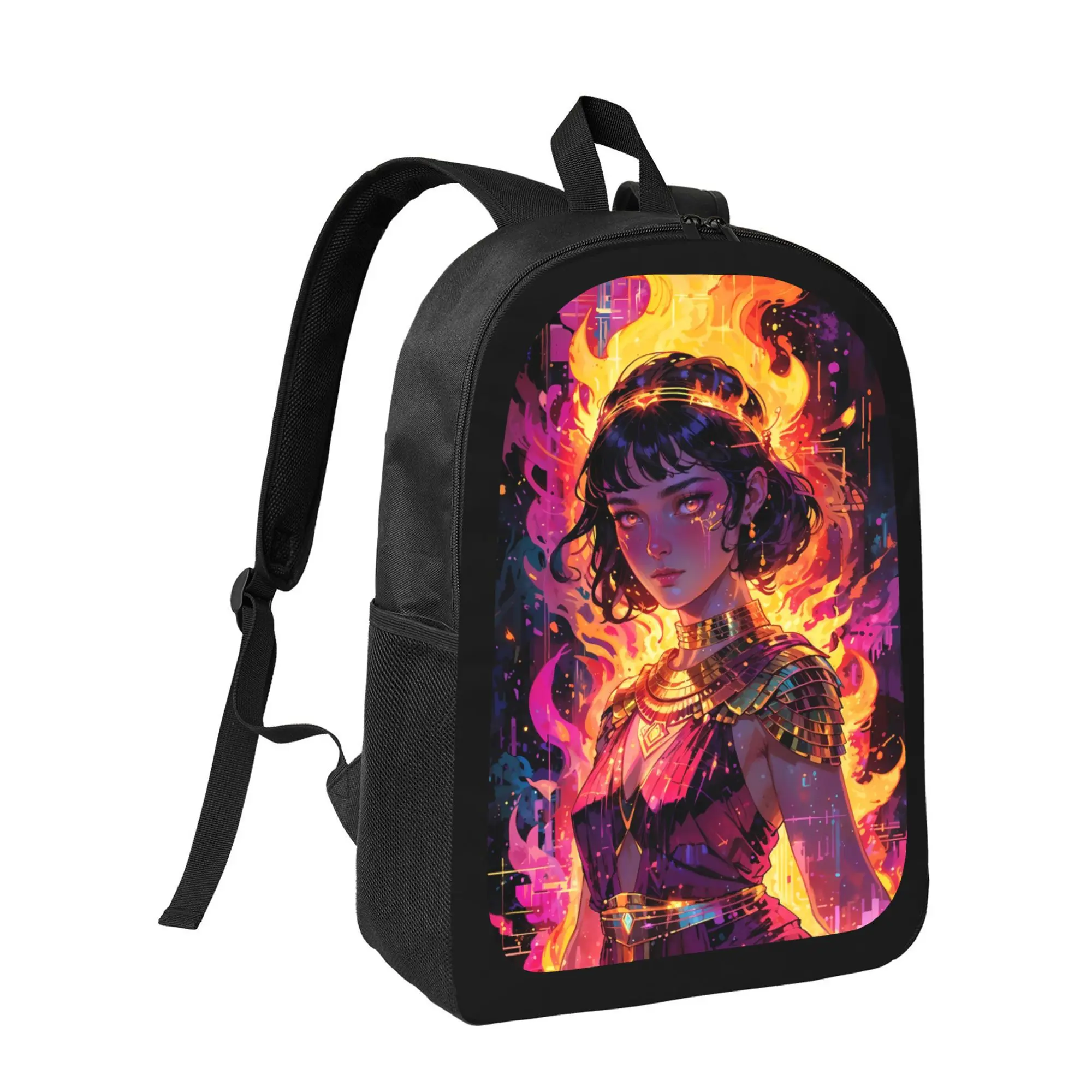 Hestia'S Neon Inferno Backpack - Stylish Black Schoolbag with Vibrant Flame Design, Adjustable Shoulder Straps, Large Capacity, Lightweight & Durable for Boys and Girls, Casual Daypack | Vibrant Printed Bag | Zippered Closure, Backpack for School, For Tee