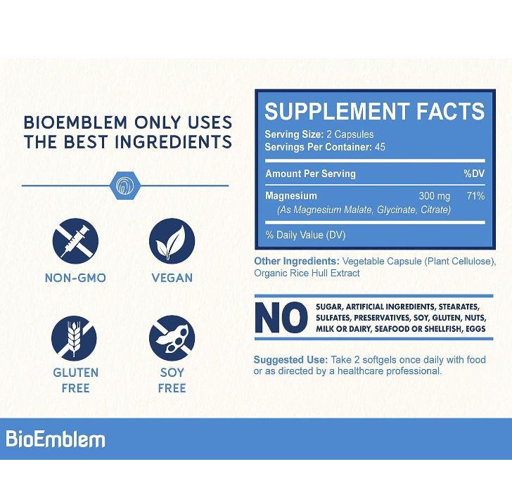 【BioEmblem】Triple Magnesium Complex, 300mg of Magnesium Glycinate, Malate, & Citrate for Sleep, Muscles, Nerves Dietary Healthcare Fitness Vitamin