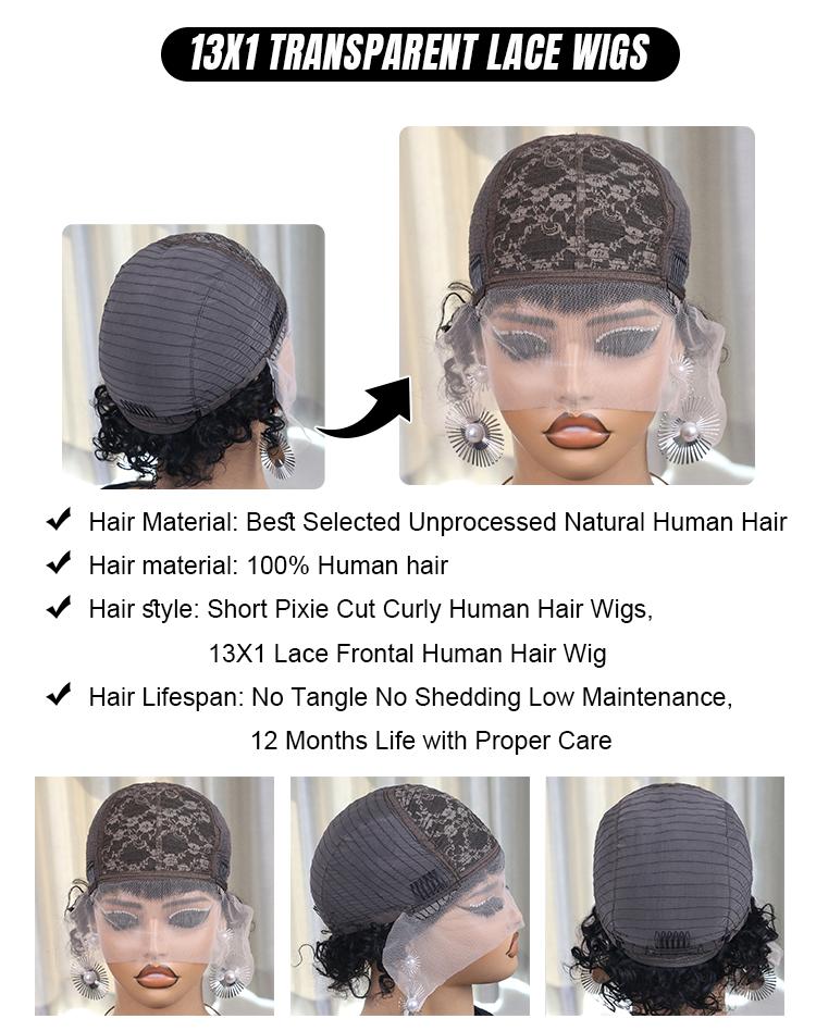 Idoli Hair 8 Inch 13X1 Pixie Cut Curly HD Human Hair Wig - Natural Black Color, 180% Density