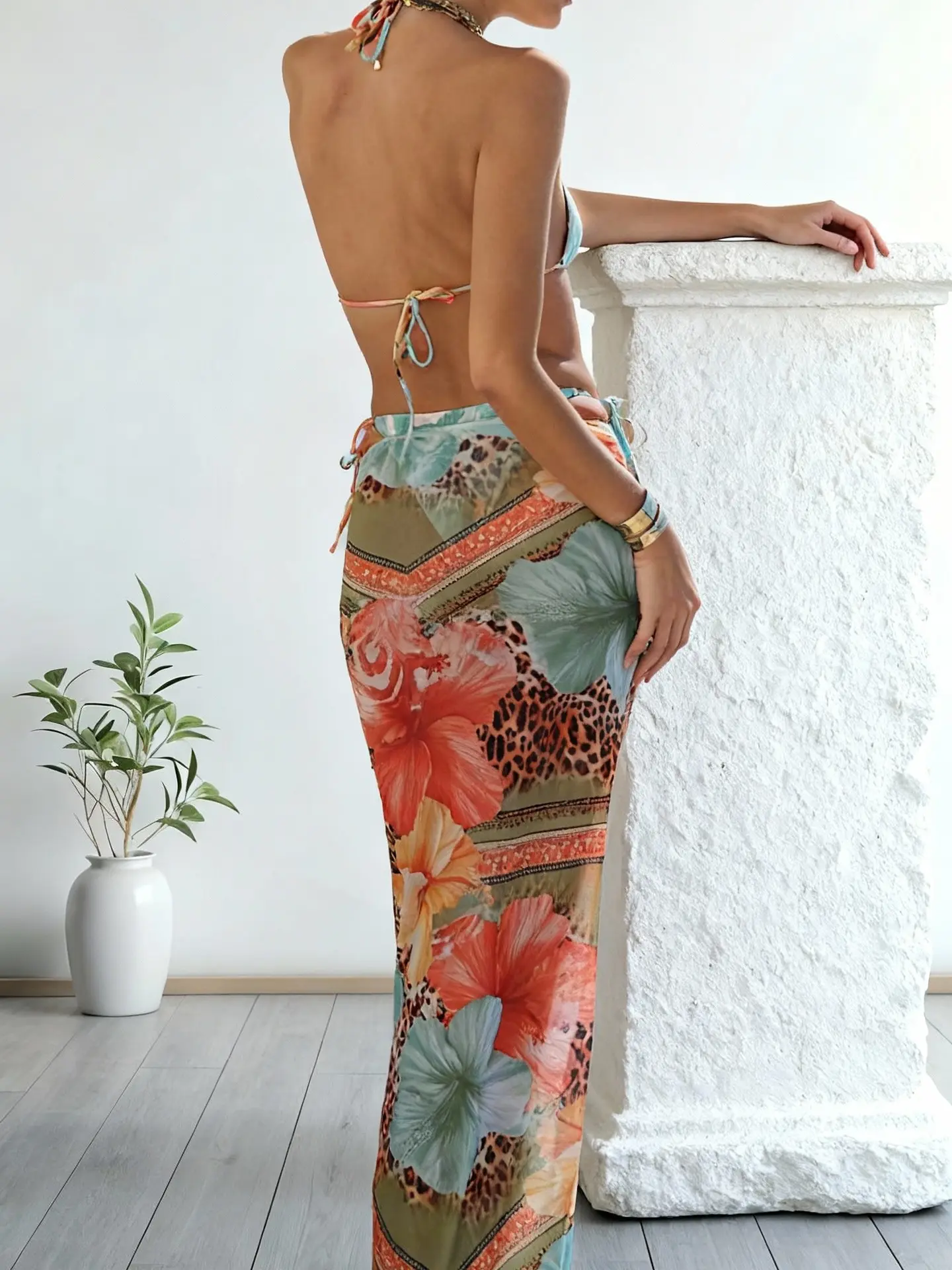 Women's Tankini Set, 3-Piece Solid Color High Waisted Swimwear with Printed Pattern Sarong, Tropical Summer Beach Wear, Split Sarong, Floral&Leopard, Three-Piece Suit