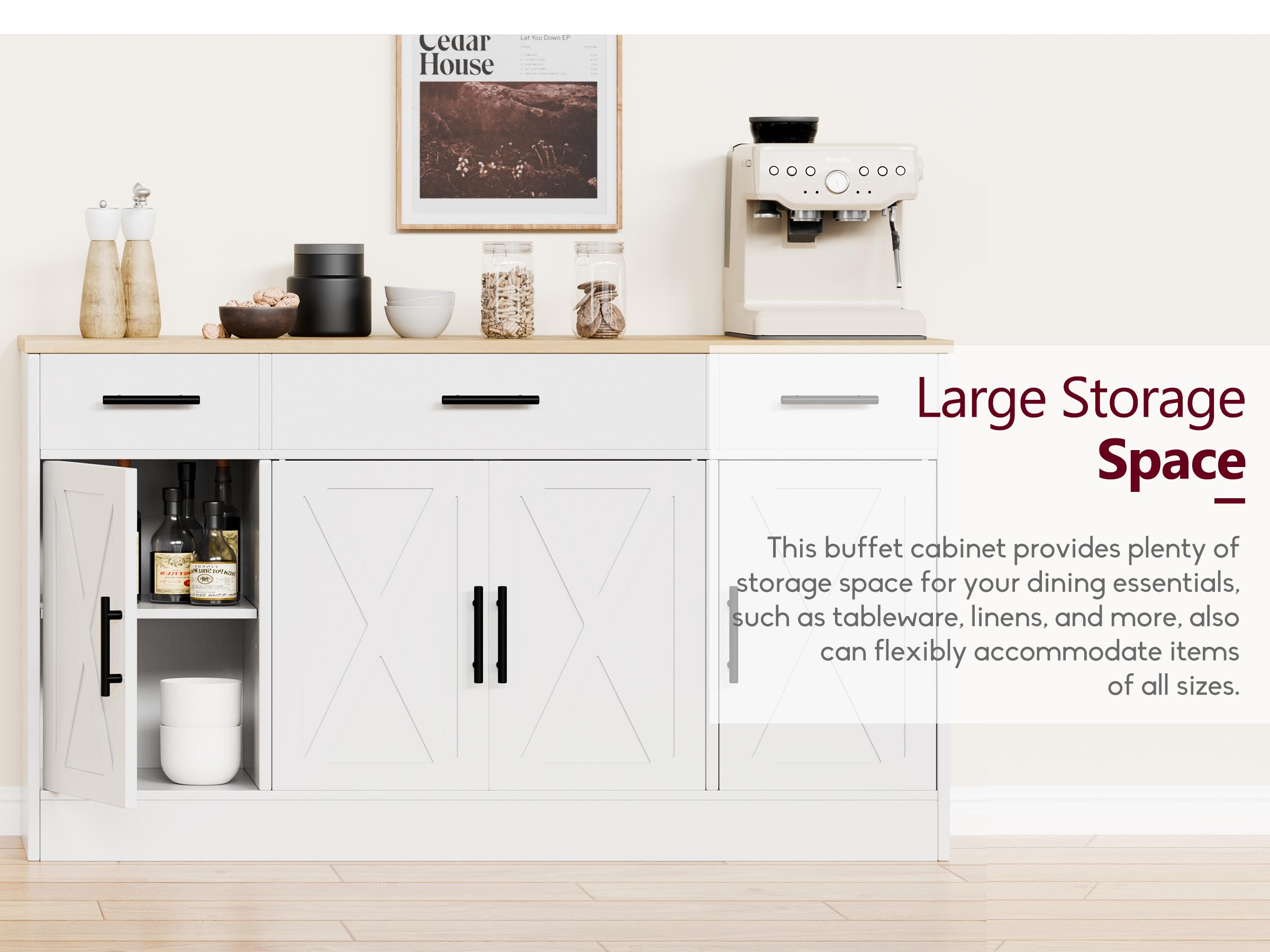 Walsunny Kitchen Buffet Sideboard Cabinet with 4 Doors and 3 Drawers, Entryway Adjustable Storage Shelf, Farmhouse Coffee Bar Cabinet for Kitchen, White