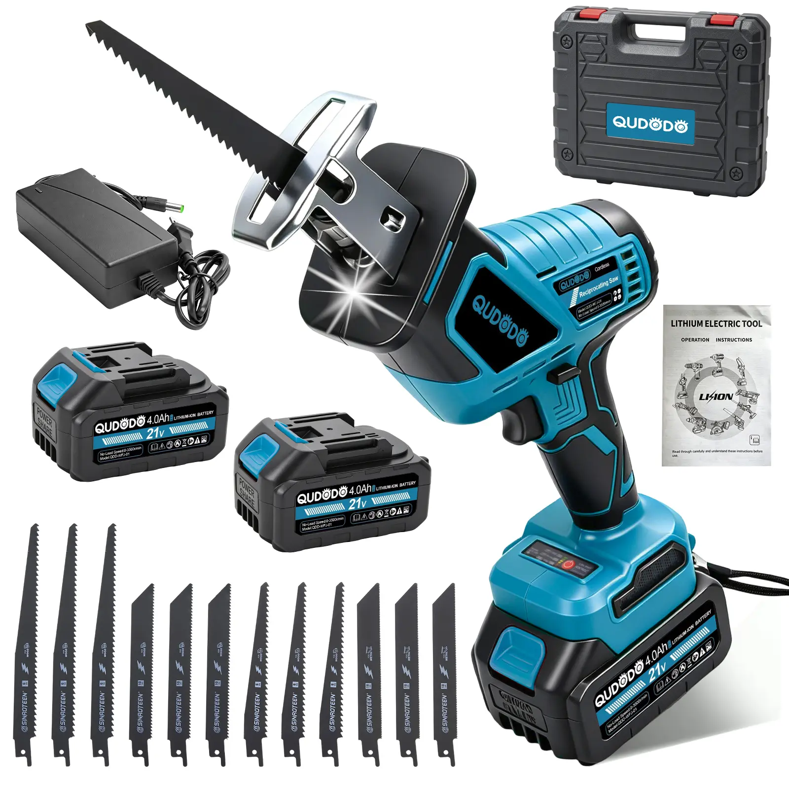 Qudodo Mini Reciprocating Saw, 21V Brushless Cordless Reciprocating Saw With 2x4.0Ah Battery, 3 Variable Speed, Tool-Free Blade Change And LED Light, Hand Recíproca For Woods/Metal/Plastic Cutting