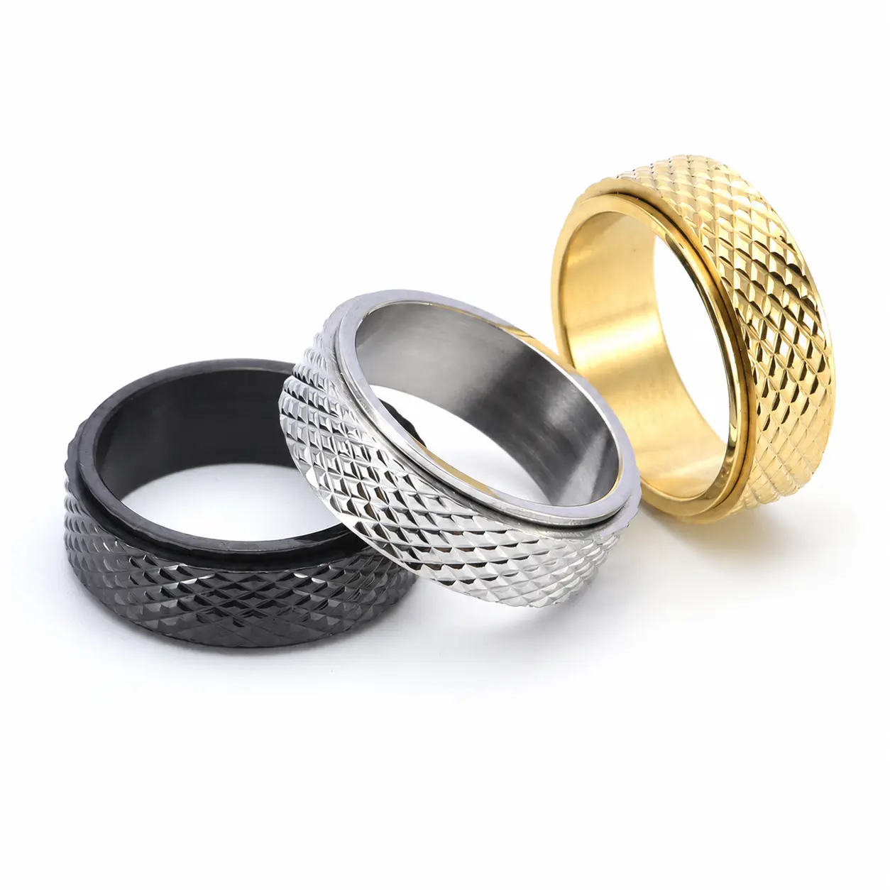 Titanium Steel Spinner Fidget Ring for Men, Snake Mesh Rotating Band, Geometric Fashion Ring for Daily Wear, Silver Gold Black, Size 6–12