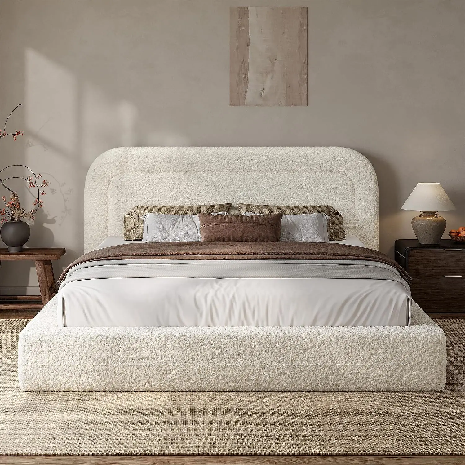 Homkdom Queen Size Cloud Bed Frame - 5.1" Headboard, Boucle Fabric, Fully Cushioned Foam, Low Profile, Contemporary, Easy Assembly, Box Spring Included, Beige Beds for Minimalist Active Homes, Bedroom & Apartment Furniture