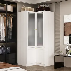 Warm Grey L-Shape Armoire Wardrobe Closet with Frosted Glass Doors, Hanging Bars & Shelves, Wooden Closet Storage Cabinet for Bedroom