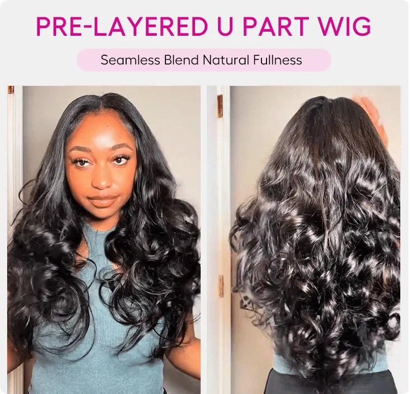 Tinashe Layers U Part Butterfly Loose Body Wave & Yaki Straight & Straight Human Hair U Part Wigs Real Scalp Beginner Friendly Natural Color Wigs Black Friday Christmas Gift