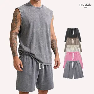 Holafish Unisex Retro Acid Wash Basic Mens Tee & Shorts Cotton,Womens Breathable Casual Summer Outfit for Men & Women,Comfortable for All Genders,Loose Fit Unisex Tshirt Shorts Short Sleeve Casual Streetwear Basic Tops Crewneck