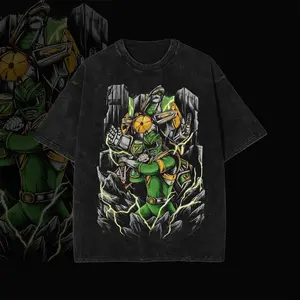Retro Green Ranger Mechanical Dragonzord Graphic Washed T-Shirt - Emerald Hero Snowflake Tie-Dye Tee - Oversized Vintage Style Top