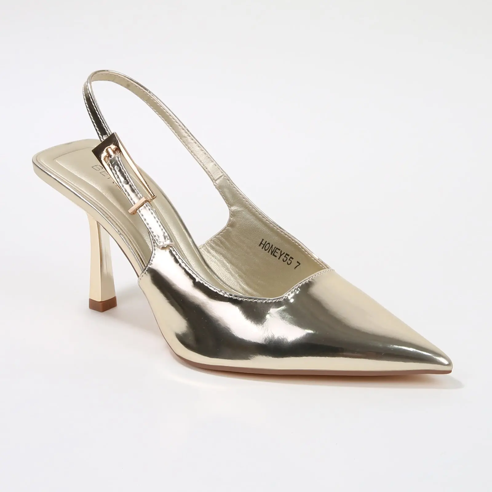 BERNESS Women's Pointed Toe Honey Glossy Slingback Heel Sandals - Formal, Elegant Shoe with Gold Buckle Detail