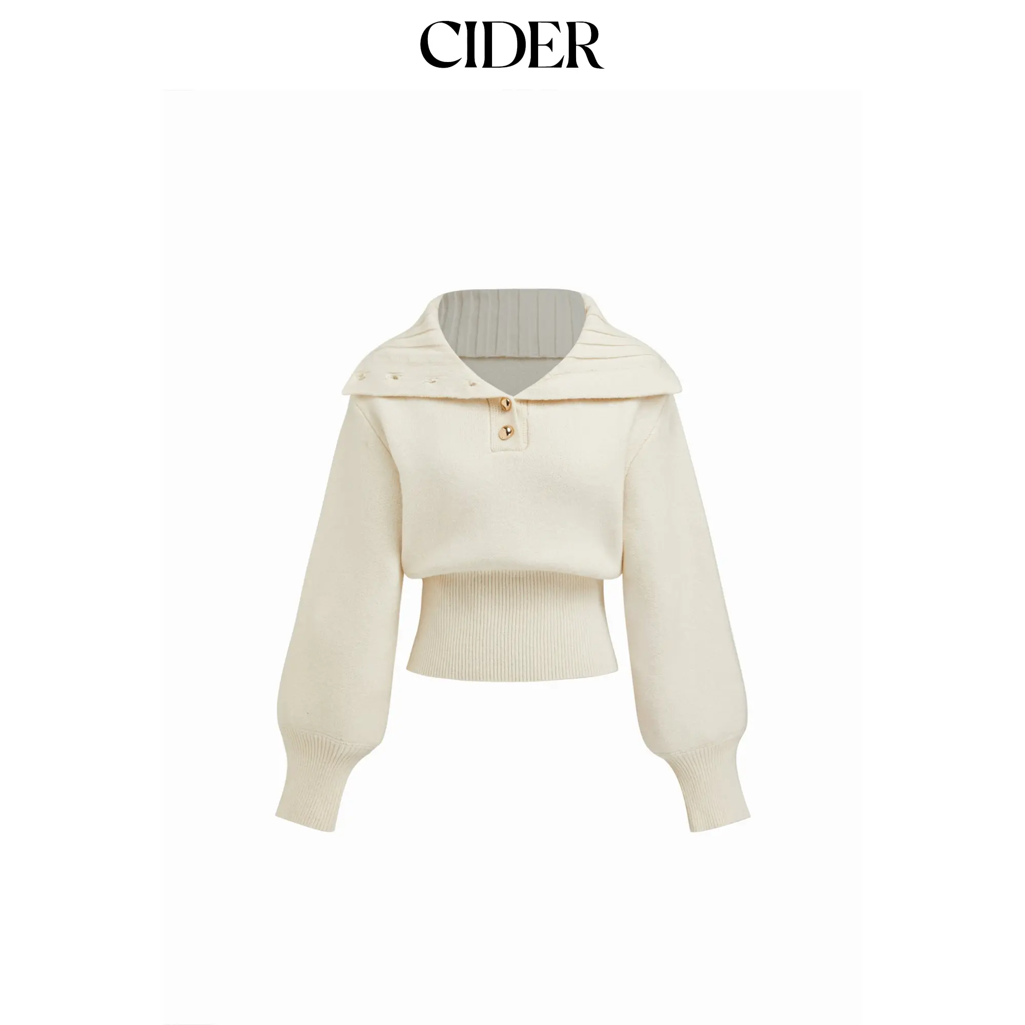 Cider Knit Wool-blend Collar Long Sleeve Metal Button Cinched Waist Top