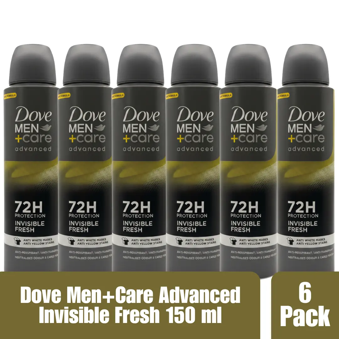 Dove Men+Care Advanced Invisible Fresh Antiperspirant Spray, 72H Odor & Sweat Protection, Anti-White Marks & Anti-Yellow Stains, 150ml (Pack of 6)