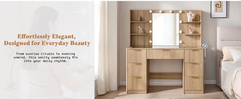 AMERLIFE 36.2/47.2" Fluted Vanity Desk with Mirror and Adjustable LED Lights, Large 4/7 Drawers Makeup Table with Glass Top and Charging Station for Women and Girls, Bedroom or Dorm/Best Gift Ideas/Christmas Gifts