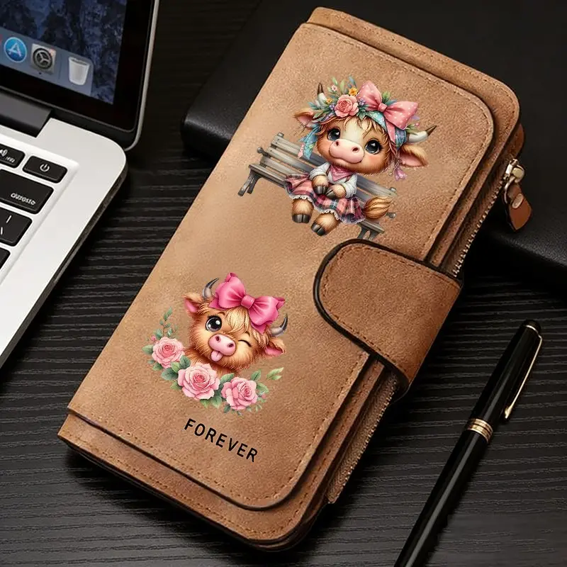 1 Pc Highland Cattle Pattern Women's Long Wallet, Multi-Functional Cow Print Bifold Wallets, Portable Snap Coin Purse, Birthday Gift & Daily Commuting Essential, for Outdoor & Travel Use