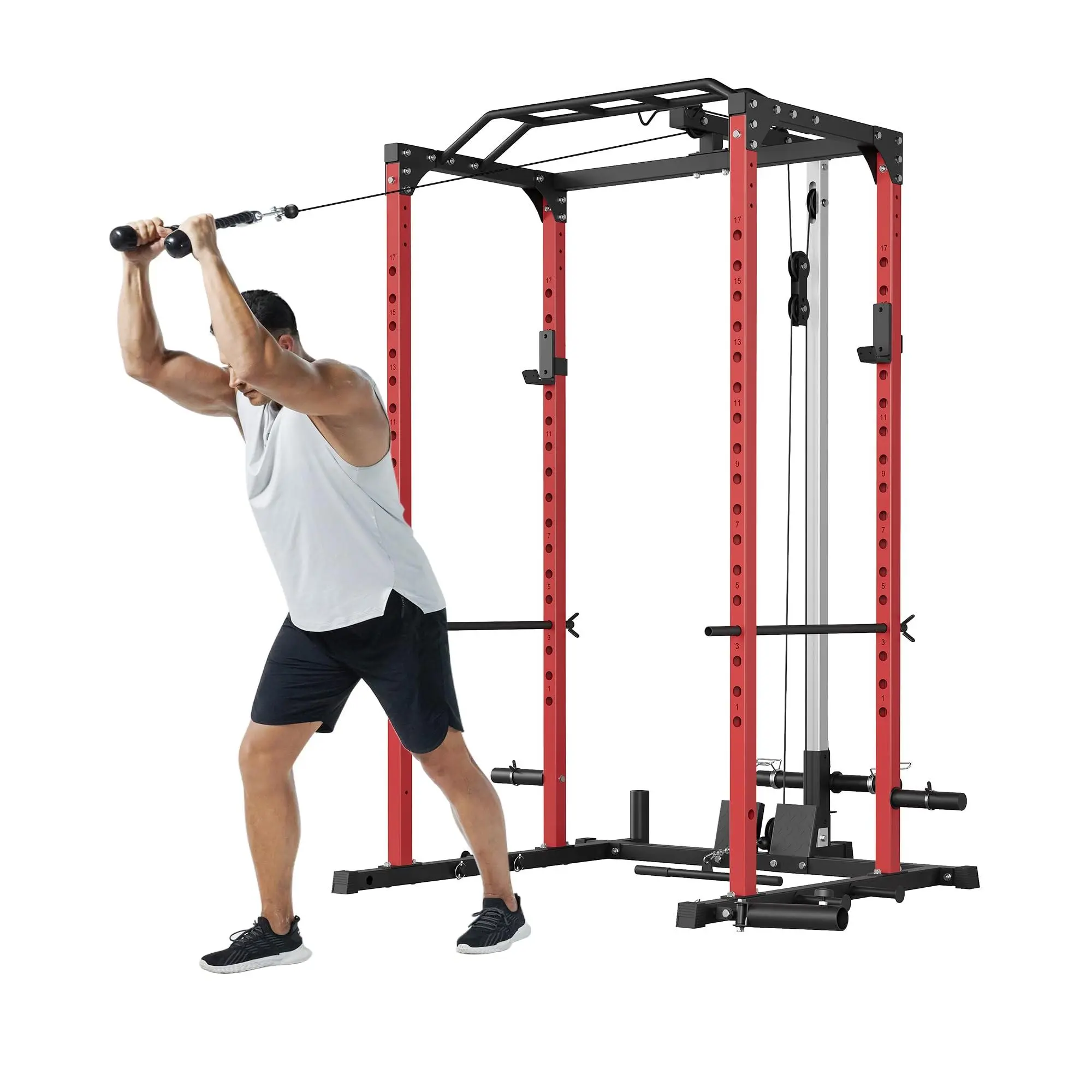 Power Cage, 1200 LBS Multi-Function Power Rack with LAT Pulldown, Seated Row, Cable Pulley System, J-Hooks, Dip Handles, Landmine, Squat Rack with Cable Corssover, Smithe Attachment for Home Gym, Calisthenics, Home Workout, Functional Training, Garage Gym