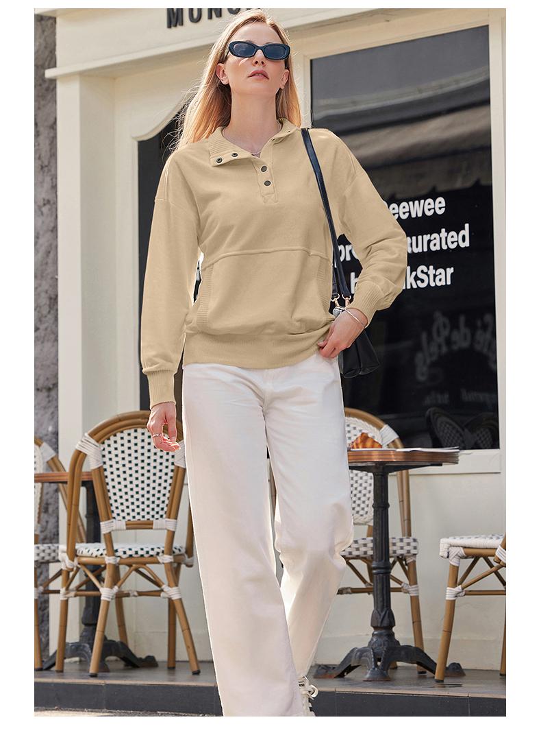 Shewin 2026 Spring Oversized Ribbed Pullover - Women's Button-Down Sweatshirt with Kangaroo Pocket, Comfy Casual Layering for Spring Outfits