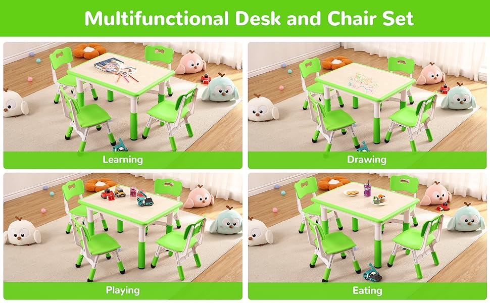 GARVEE Adjustable Table and Chairs Set for Ages 2-10, 4-Seat Desk with Graffiti Desktop, Non-Slip Design, Supports Up to 300lbs, Perfect for Classrooms, Daycares, and Home Use in Green, Light Blue, Beige, and Grey.