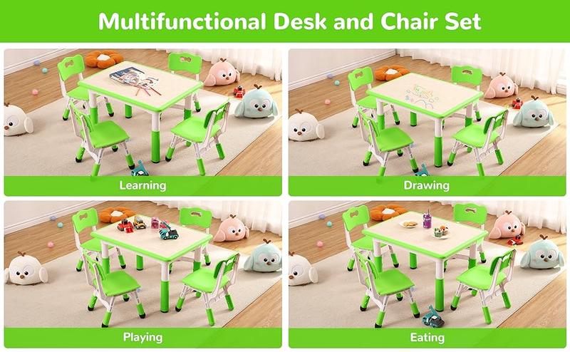 GARVEE Adjustable Table and Chairs Set for Ages 2-10, 4-Seat Desk with Graffiti Desktop, Non-Slip Design, Supports Up to 300lbs, Perfect for Classrooms, Daycares, and Home Use in Green, Light Blue, Beige, and Grey.