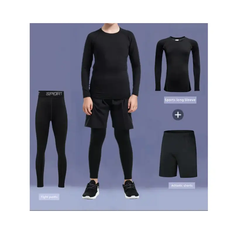 Boys' 3-Piece Sports Set, Quick-Dry Long Sleeve Compression Top with Tights & Shorts, Flexible Alphabet Print Outfit for Autumn Training, Yes, Elastane, 95% Polyester, 5% Elastic Fiber, Compression Long-Sleeve Top, 11-12Y, 12 Years And Under, Slim Fit, Fo