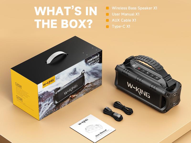 W-KING 60W Peak D8 Mini Portable Bluetooth Speaker, IPX6 Waterproof, 30W Wireless, 24-Hour Playtime, Powerful Bass, NFC, TF Card, USB Playback, Built-in Mic, AUX-IN, for Home, Outdoor Adjustable Subwoofer