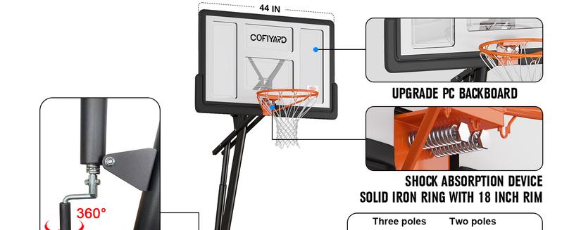 COFIYARD Outdoor Basketball Hoop 44/54-inch Shatterproof Backboard 5.25-10 Feet Height Adjustable Portable System with Wheels Durable for Teens & Adults