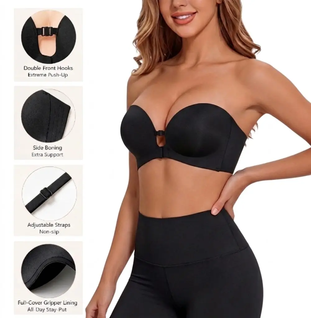 Womens Strapless Front Closure Bra Push Up Lift Bra Padded Add Cup Non Slip Anti-Slip Grip Wireless Supportive Seamless Comfortable Tube Jelly Bra