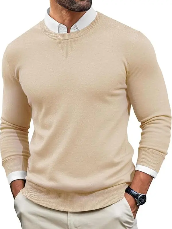 Runcati Mens Crewneck Sweaters Casual Knit Lightweight Dress Sweater Long Sleeve Slim Fit Fall Winter Pullover