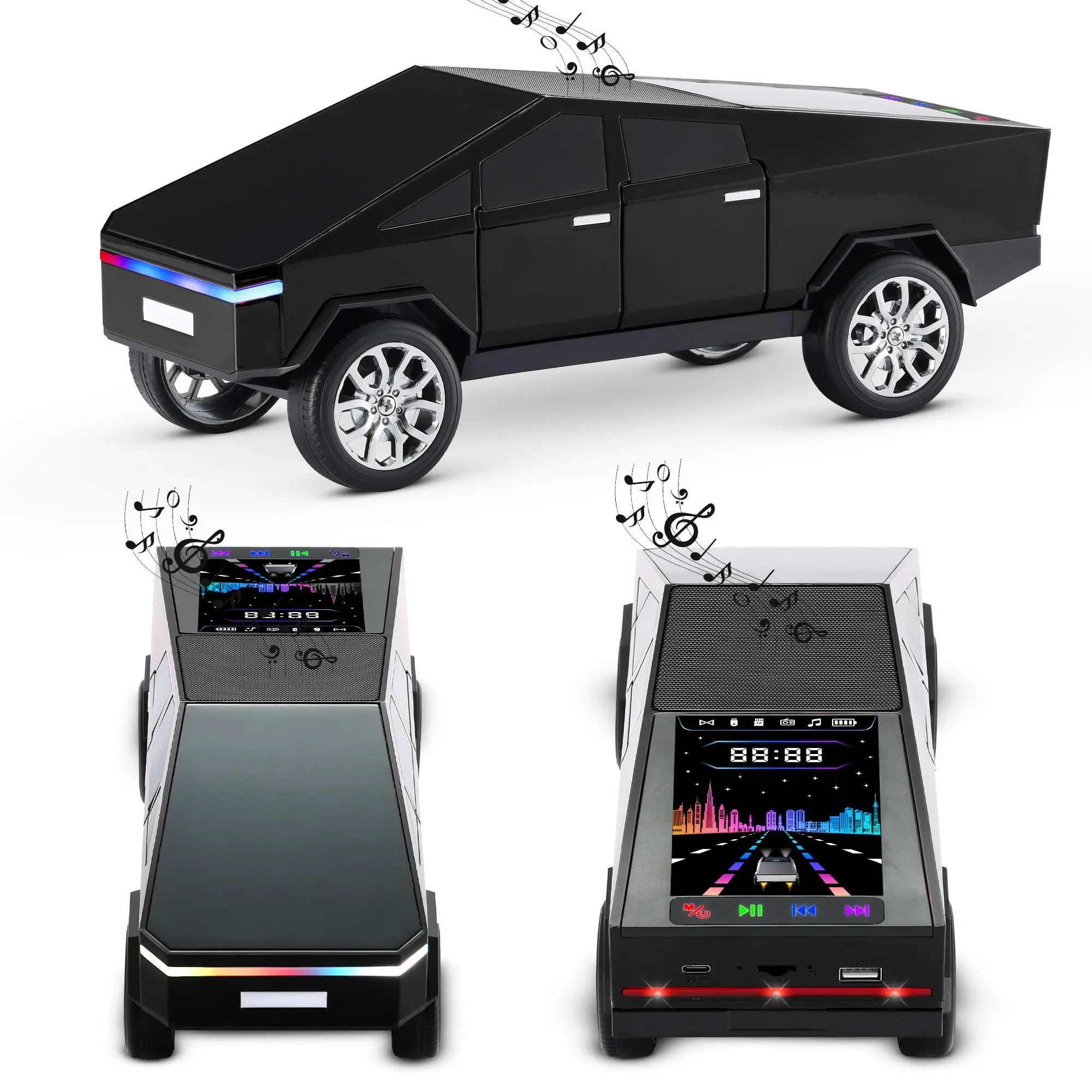 WS-580 Mini Car Bluetooth Speaker, Cybertruck Design, Portable Wireless Stereo, Supports USB/TF/FM, TWS Pairing, LED Party Lights, Compact & Rechargeable – For Home, Office, Travel, Car Decoration Charging