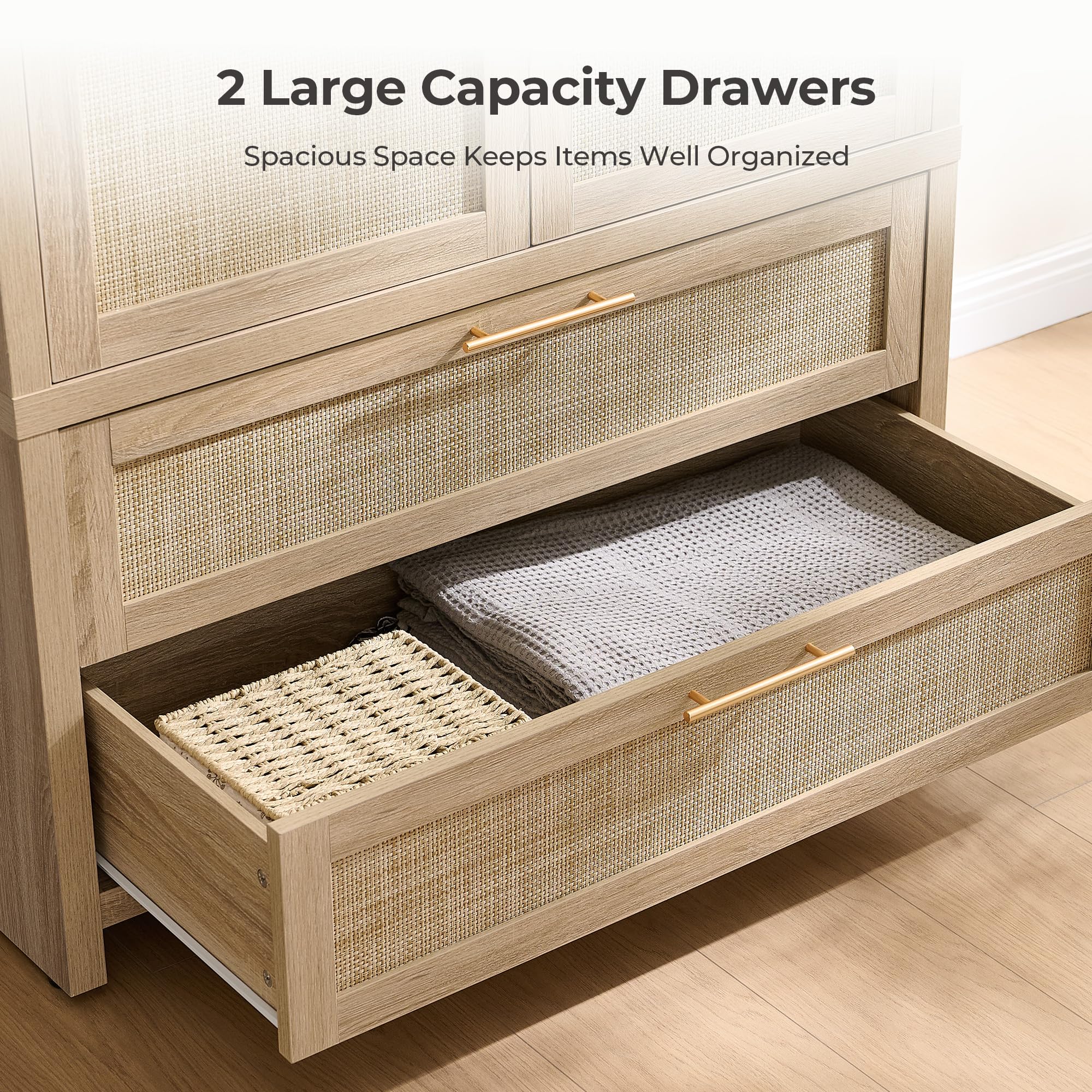 SICOTAS Rattan Armoire Wardrobe Closet Cabinet, 71" Tall Wardrobe Storage Cabinet with Doors, Larger Drawers and Hanging Rod, Boho Armoire Clothes Organizer for Bedroom, Laundry Room, Cloak Room, Oak SICOTAS Rattan Armoire Wardrobe Closet Cabinet, 71" Tall Wardrobe Storage Cabinet with Doors, Larger Drawers and Hanging Rod, Boho Armoire Clothes Organizer for Bedroom, Laundry Room, Cloak Room, Oak