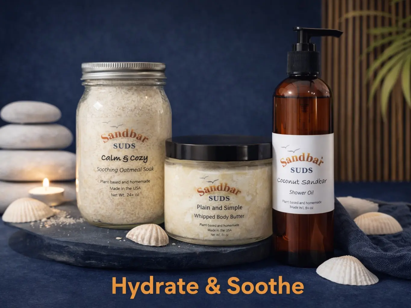 Sandbar SUDS Hydrate & Soothe 3-Piece Sensitive Skin Bundle | Deep Moisture & Calming Body Care Set | Includes Soothing Oatmeal Soak, Whipped Body Butter & Hydrating Shower Oil | Relieves Dry Skin | Made in USA | Phthalate-Free