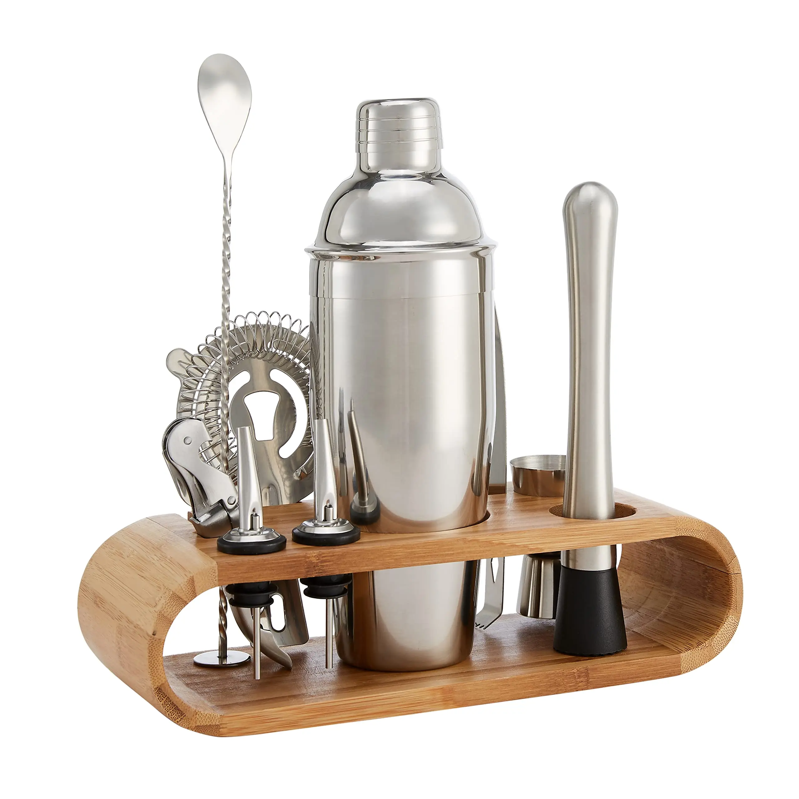 10-Piece 24oz Stainless Steel Cocktail Shaker Bar Tool Set with Bamboo Stand, Jigger, Spring Strainer, Cocktail Muddler, Ice Tongs, Corkscrew, Spoon, 2 Pourers, Home Bar Mixing Utensils for Party Drinks, Housewarming Gift