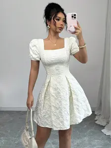 👉 Women’s Elegant Solid Color Jacquard Puff Sleeve Square Neck Dress