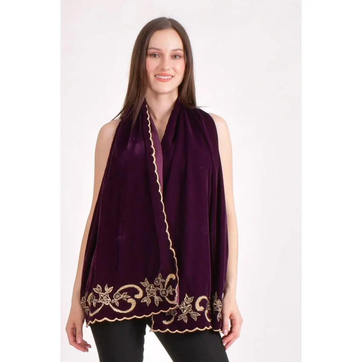Wine Floral Embroidered Velvet Scarf