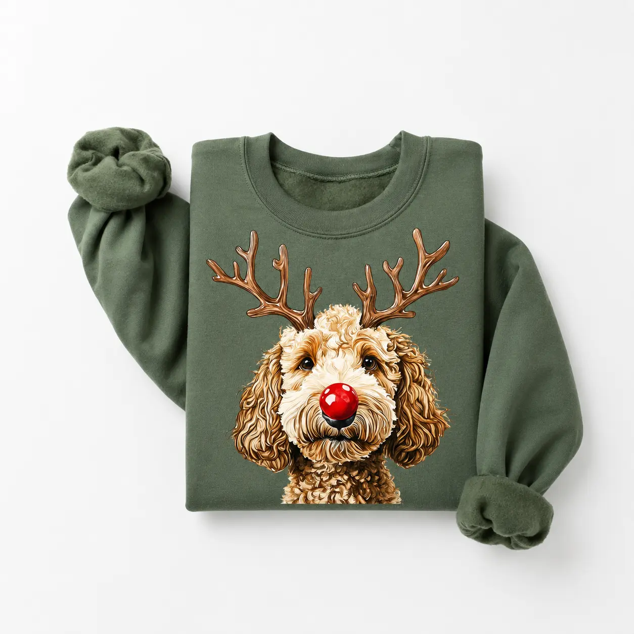 Christmas Reindeer Dog Sweatshirt, Cute Labradoodle Reindeer Crewneck, Christmas Dog Lover Sweatshirt, Rudolph Dog Pullover, Cozy Holiday Sweatshirt, Winter Christmas Outfit Apparel Fabric