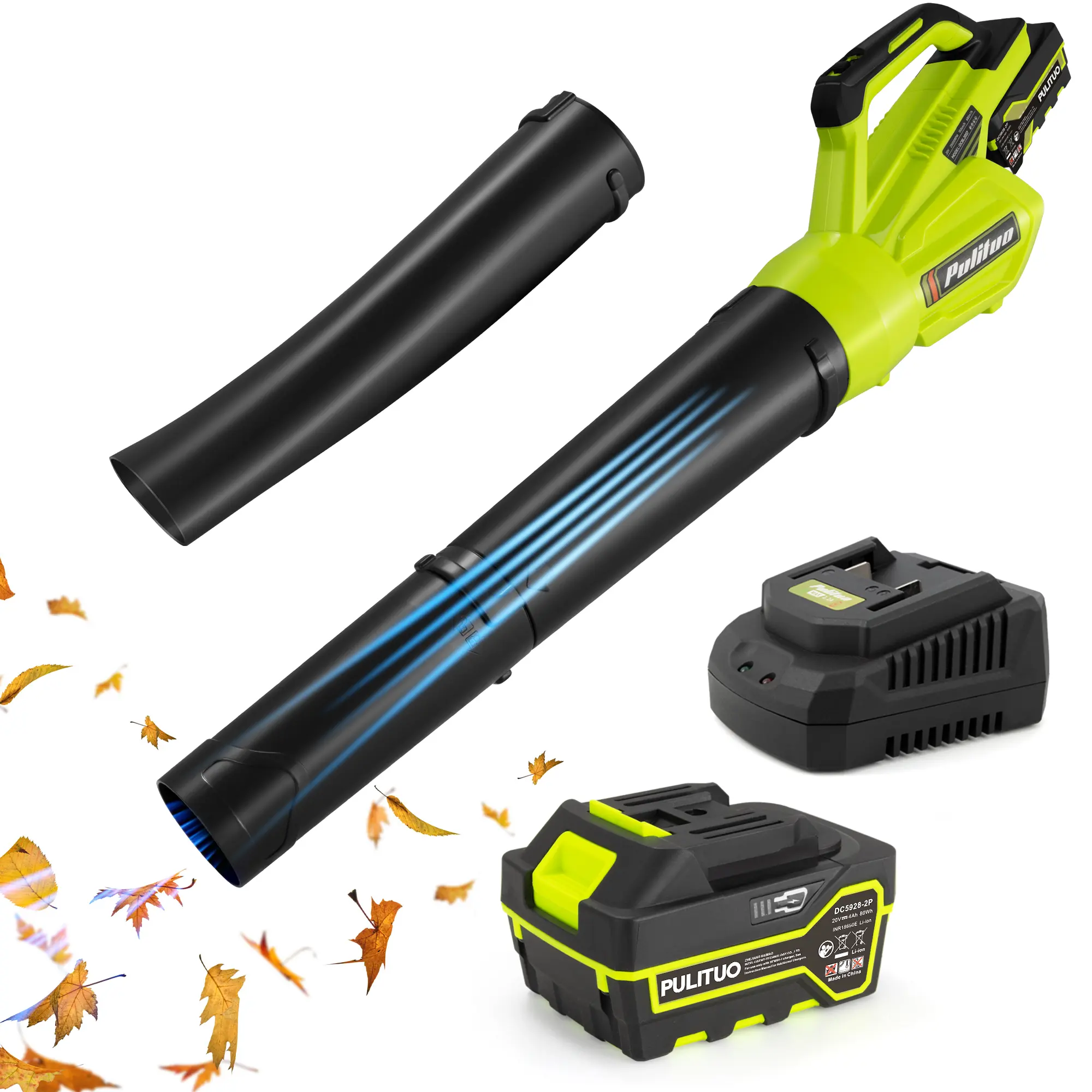 PULITUO 20V Cordless Lightweight Leaf Blower - Wireless Handheld Blower, 2000mAh Lithium Cells, Rubber Grip, Axial Fan, 2 Nozzles, Single/Dual Batteries, Multi Colors, 400 CFM Flow, 90MPH Fast Clearing, 4.0Ah 20-Min Runtime, Garden Lawn Tool, Cleanup Task