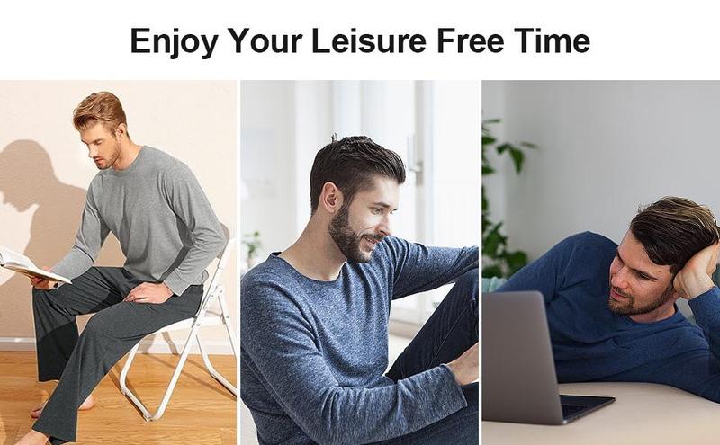 MoFiz Men's Long Sleeve Pajama Set with Modal Pants and Pockets for Fall and Spring Soft Casual Loungewear Crewneck Nightwear Homewear Pjs Pyjamas Menswear Suit Beige Light Grey