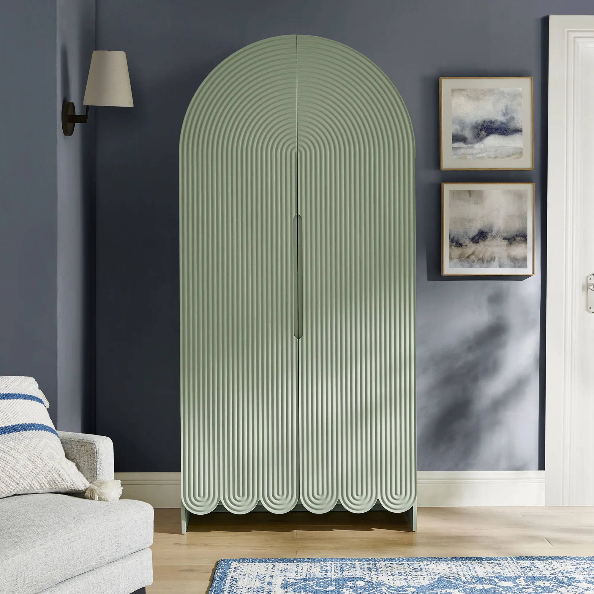 Dahlia 78 Inch Fluted and Scalloped Arched Storage Cabinet in Sage