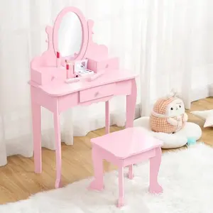 Kids Vanity Set,Girls Makeup Vanity Set with Adjustable Mirror, Makeup Table and Stool,Wood Dressup Playset for 4-9,Pink