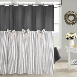 Farmhouse Grey Shower Curtain,Bowknot,Cotton Woven and Cotton Blend Fabric,Pleated Grey Stripe,Country Style,72x78 in