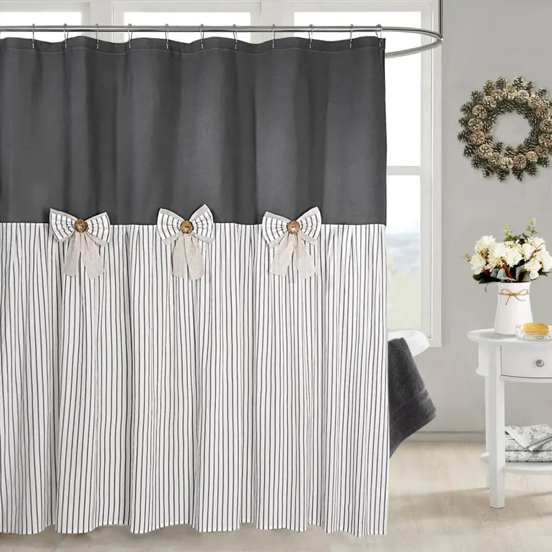 Rustic Farmhouse Grey Shower Curtain with Ticking Stripes, Cotton Blend Fabric, Pleated Bowknot Design for Bathrooms, 72w x 78l (Pack of 1), Hooks/Rings, Easy Installation With Hooks Or Rings, Pleated Stripe, Iron, Wooden, Low‑Tumble Dry