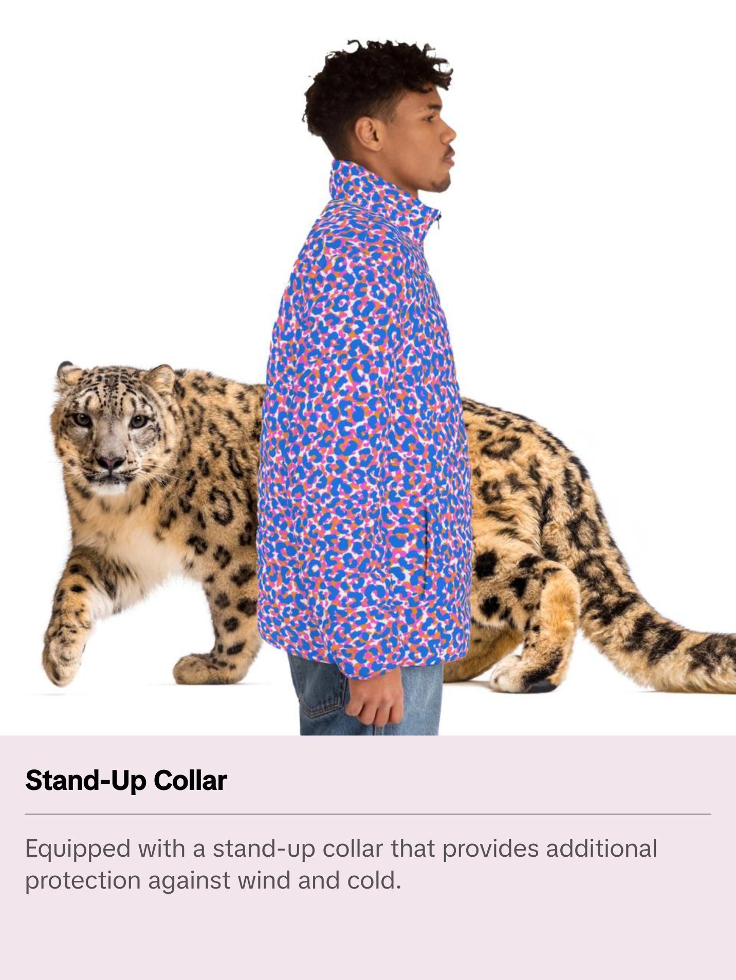 Men's SCBC " Spotted Frenzy" Puffer Jacket (AOP). Puffer Jacket, Spring, Mens Clothes, Warm Jacket, Lightweight, Deer, Graphic Design. Collar Menswear