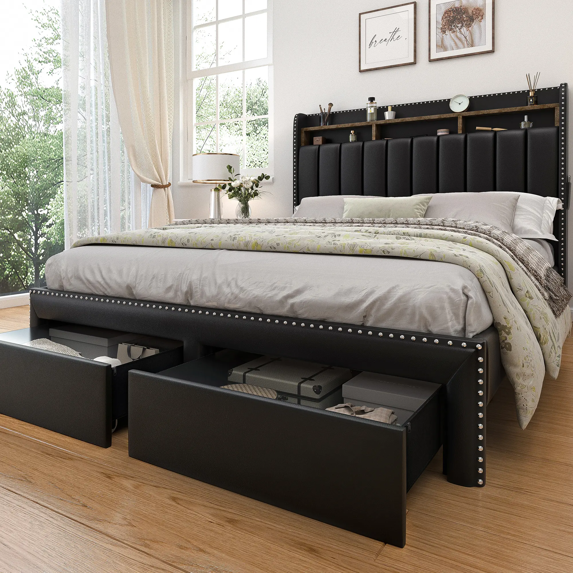 SIBEDS Luxury LED Bed Frame with Storage Drawers, No Mattress, Modern Upholstered Platform Bed with Wingback Headboard & Rivet Detail, Twin/Full/Queen/King,bed frame for queen,elegant bed frames,tiktokshopbacktoschool