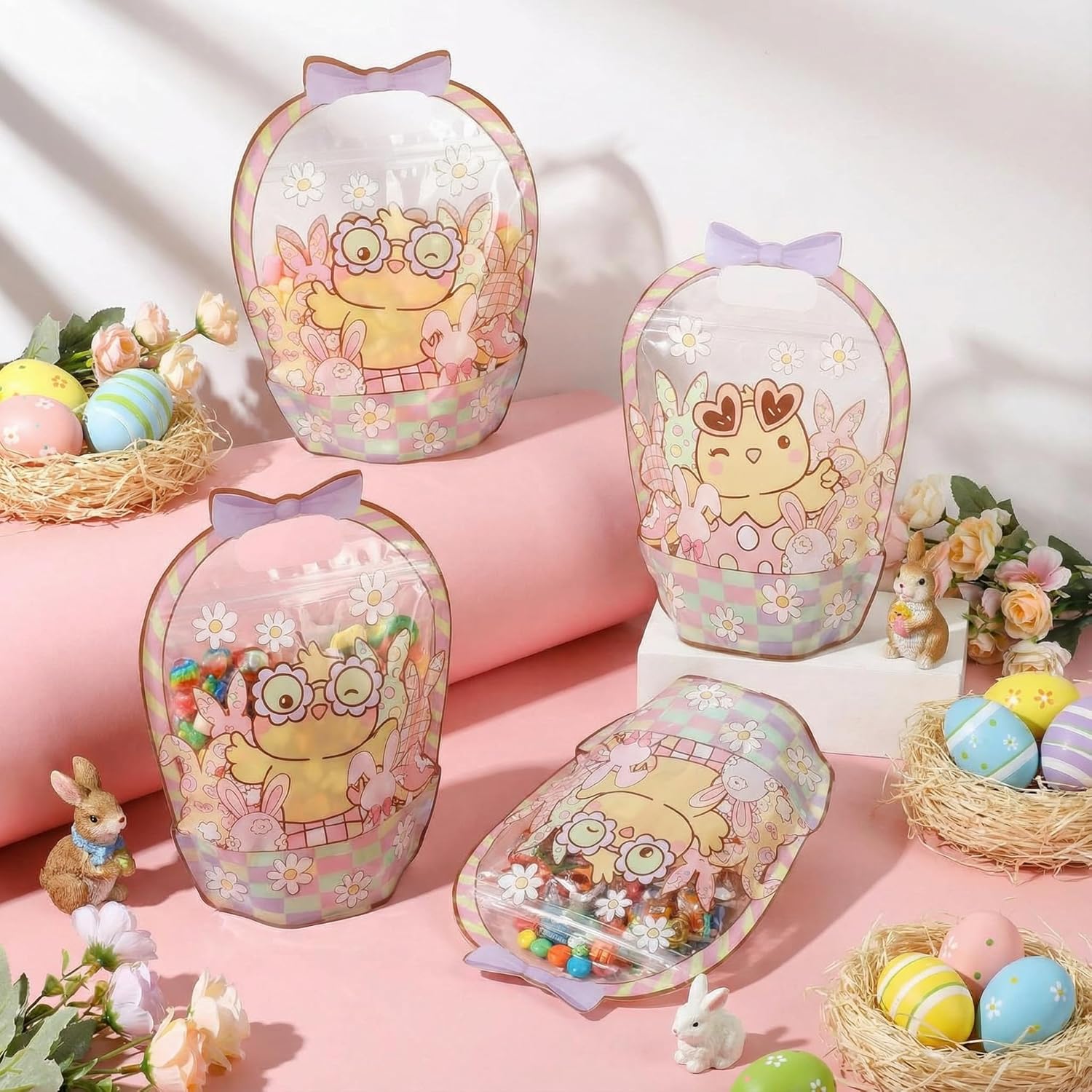 25/50 Pcs Easter Goodie Bags Plastic Candy Gift Bags with Handle Bunny Chick Pattern Transparent Treat Bags for Teacher Students Office Employee Coworker,Easter Egg Hunting Supplied,Appreciation Gift for Birthday Wedding Valentine's Day Celebration Gift