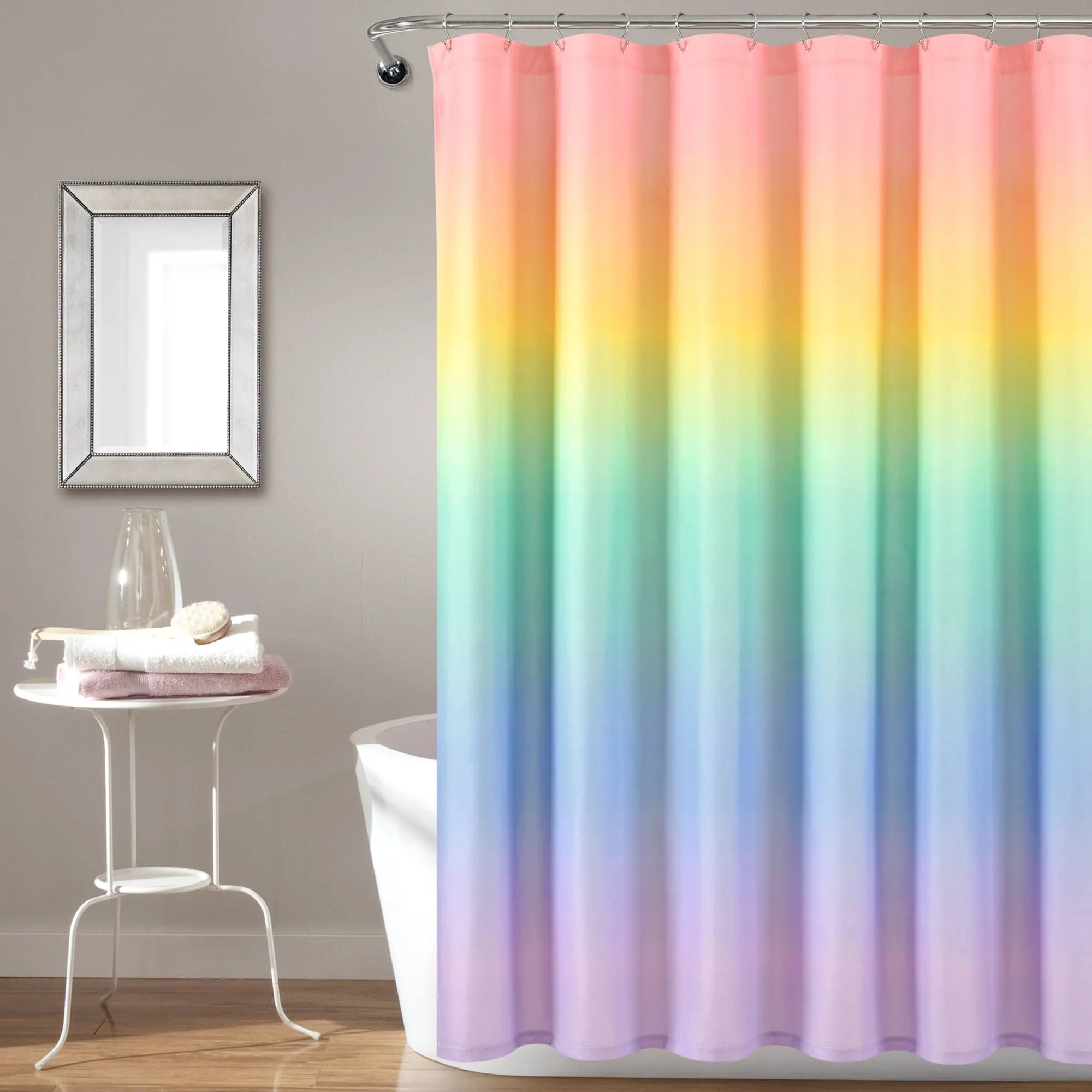 Lush Decor Rainbow Ombre Print Polyester Shower Curtain Set, Colorful Home Decor Bathroom Decoration Accessories for Bathroom Use