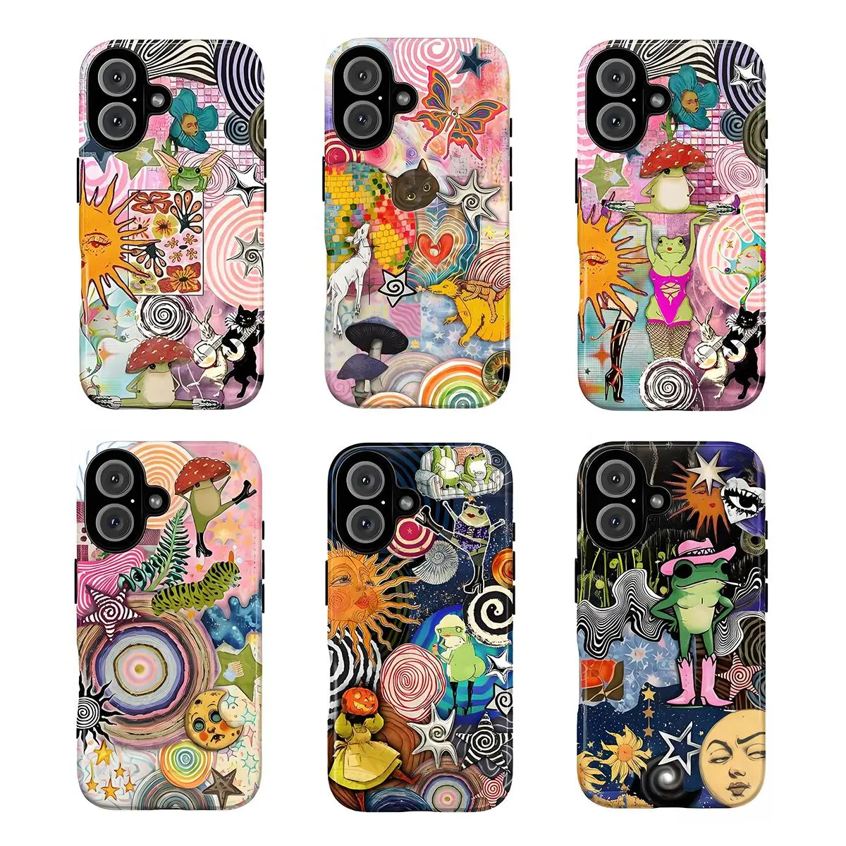 Summerwins Vibrant Collage Pattern TPU Phone Case - Waterproof, Shockproof Protector for iPhone 11-17, Trippy Vibe Design with Sun, Mushrooms, Dancing Animals, Frogs, Whimsical Gift Accessory