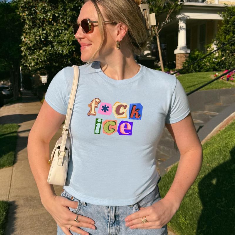 [Sale Up To 50%] Anti Ice Magazine Letter Baby Tee, Fuck ICE Y2K Shirt, Protect Immigrants Tee, No Human Is Illegal Top, Activist Graphic Baby Tee, FDT