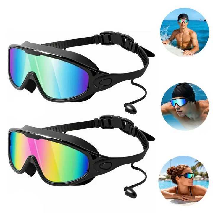 Swim Goggles with Earplugs for Adults, Anti-Fog Full-Coverage 180° Wide View Swim Goggles, Easy-to-Wear Water Goggles, Comfortable and Stylish Swimming Accessories for Pool, Beach and Open Water